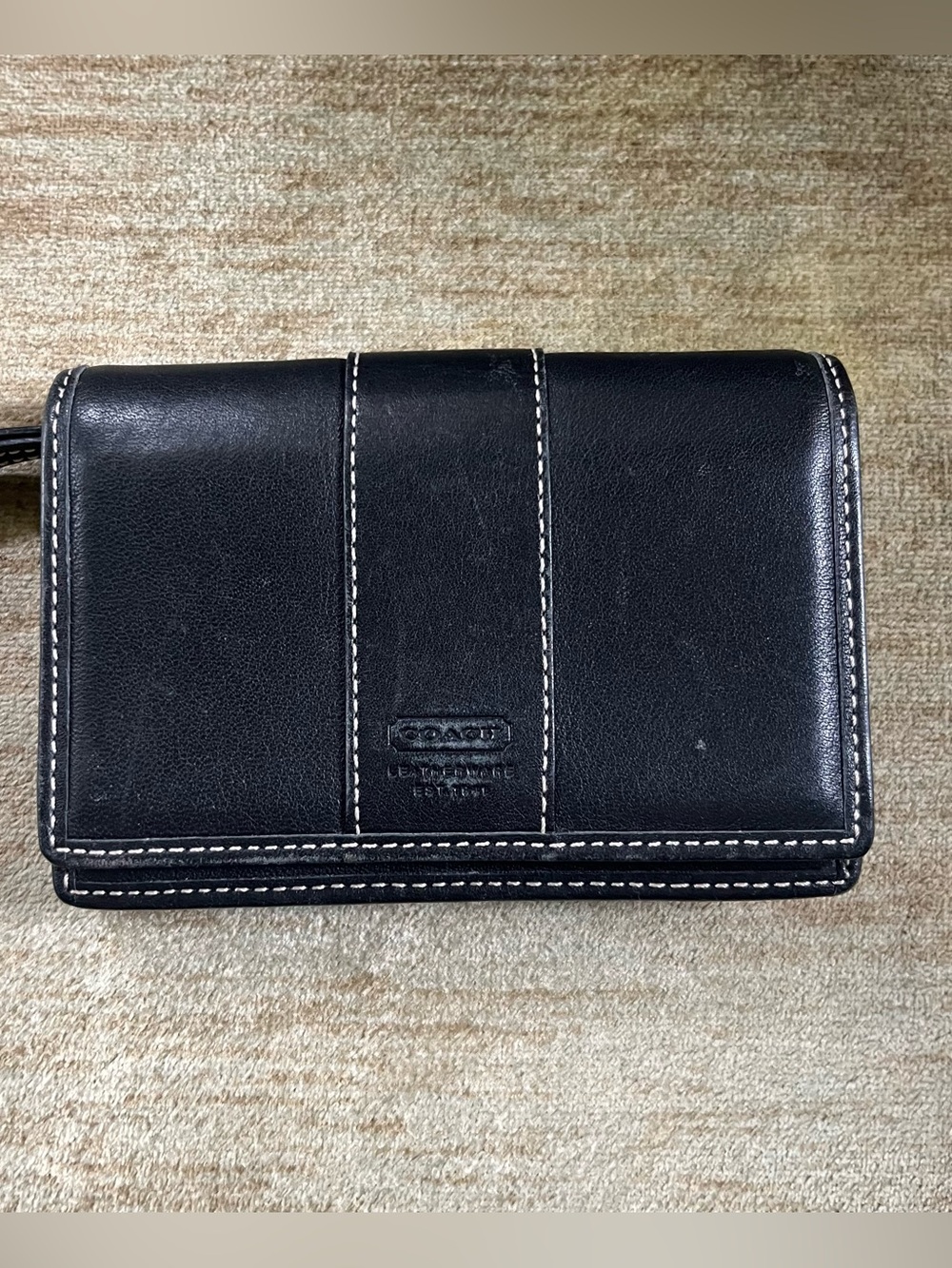Coach Black Leather Wallet with Cream Contrast Stitching